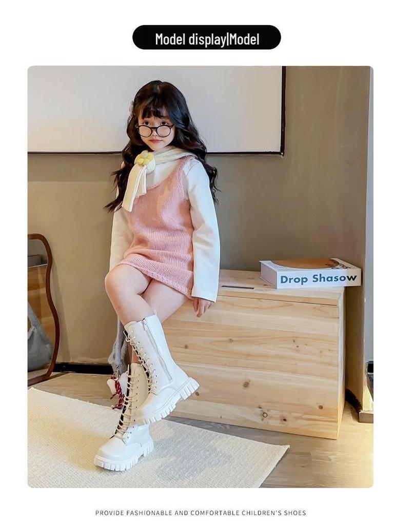 Stivali alti in pelle antiscivolo per bambini con cerniere laterali, Primavera/Autunno, Resistenti all'usura, Dr. Ispirate a Martens, Disponibili in Bianco Sporco e Nero.