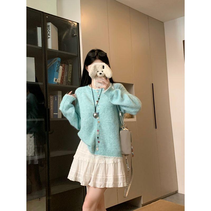 Kumikumi Sweet Chic Color Button Sweater Outwear Female Autumn Loose Slim Looking Niche Style Anti-Aging Top