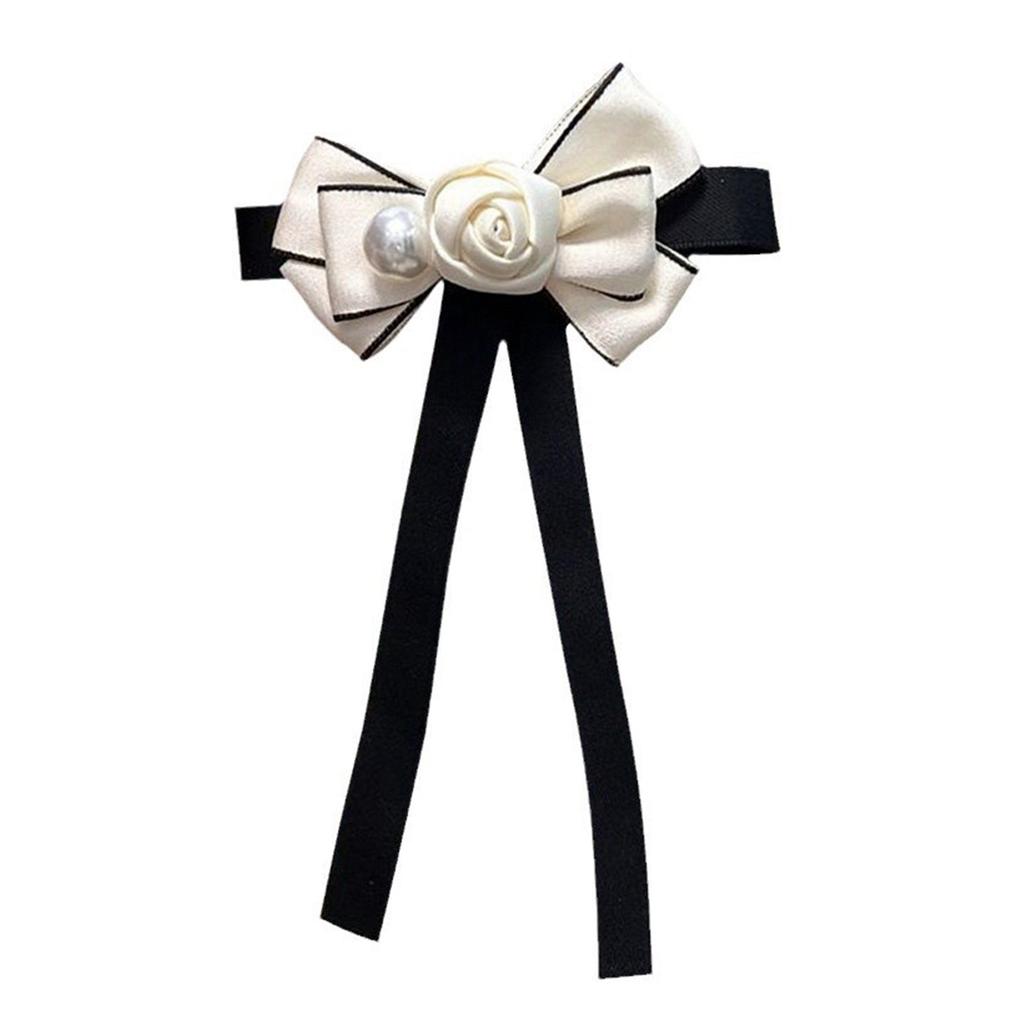 Women Girls Vintage Camellia Pearls Ribbon Bows Tie Brooch Pin Elegant Preppy Uniform Pre Tied Bowknot Corsage Necktie