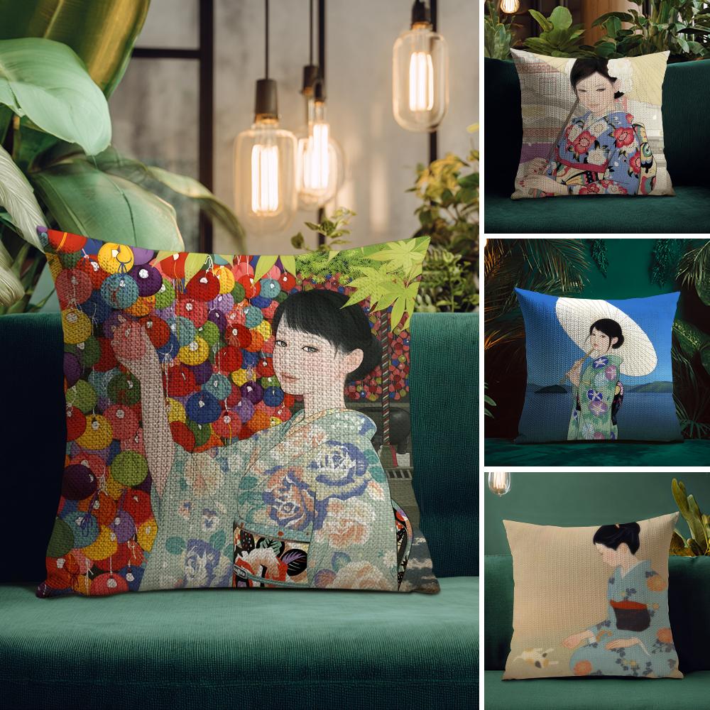 Kimono Girl Japanese Style Cushion Cover Natural Linen Pillow Case DoubleSided Print Decorative Sofa Pillowcase Home Decor Gift