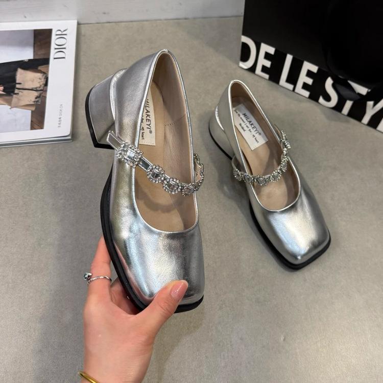 Fashion Women's Fashion High Heel Single Shoes Autumn New Square Head Shallow Mouth Rhinestone Thick with Temperament Mary Jane Shoes