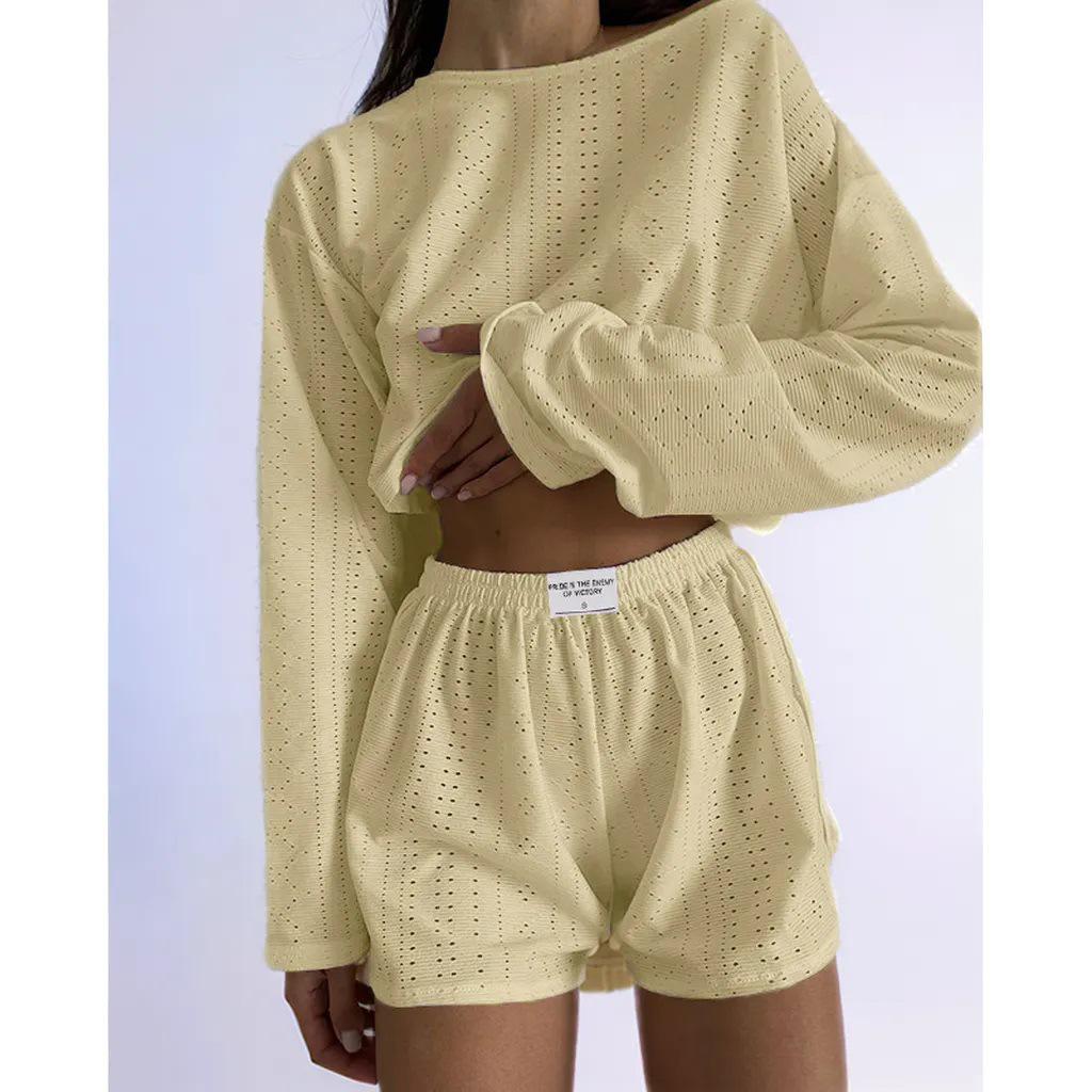 Europäischer und amerikanischer Damen Frühling/Sommer Slim-Fit Set: Lockeres Pullover-Top & Shorts, Schlichter, modischer, vielseitiger Stil