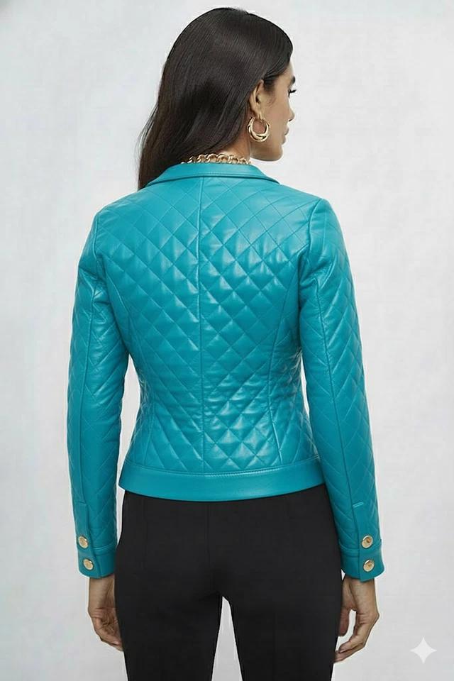 Motorcycle Handmade Women's Turquoise Stylish Lambskin Leather Soft Genuine Jacket
