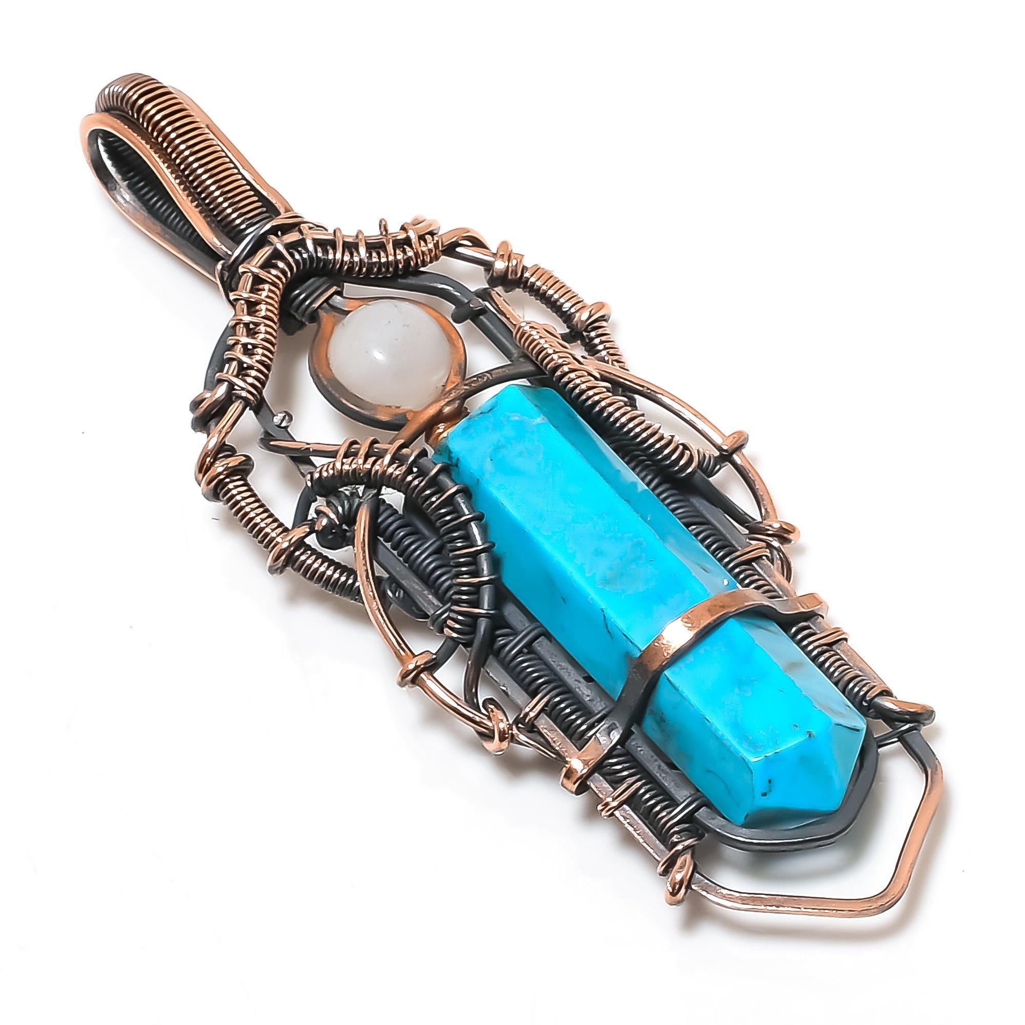 

Sleeping Beauty Turquoise & Moonstone Pendant, 999 Copper Wire Wrapped Gemstone Jewelry, Handmade Pendant, For Thanksgiving