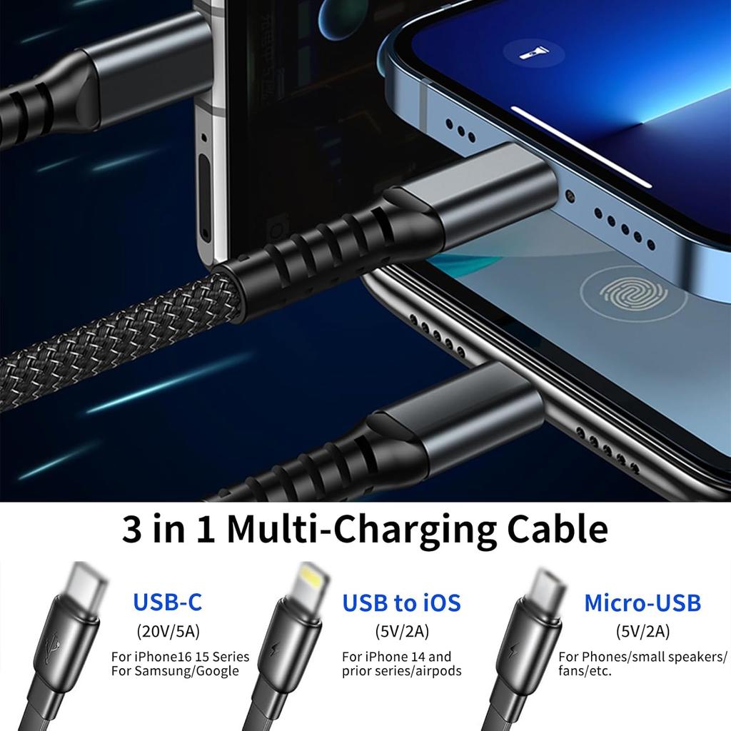 100W Super Fast Charging USB C Type 3 In 1 Data Cable With Light For IPhone Samsung Xiaomi Huawei Fast Charging Cords