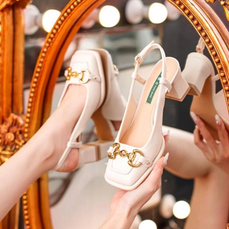 

Босоножки Baotou на среднем каблуке в стиле ретро, женские, летние 2024 г., квадратный носок, пряжка Horsebit, кожаная задняя часть, пустая, офисная женская обувь 35 бежевый