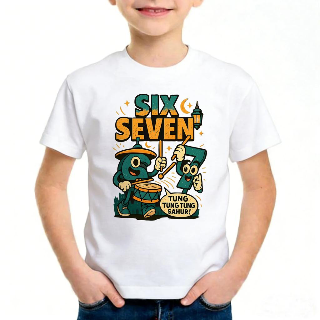 Kids Six Seven 67 Cartoon Anthropomorphic Number Print Short Sleeve T Shirt Fun Retro Character Graphic Casual Boys Summer Top