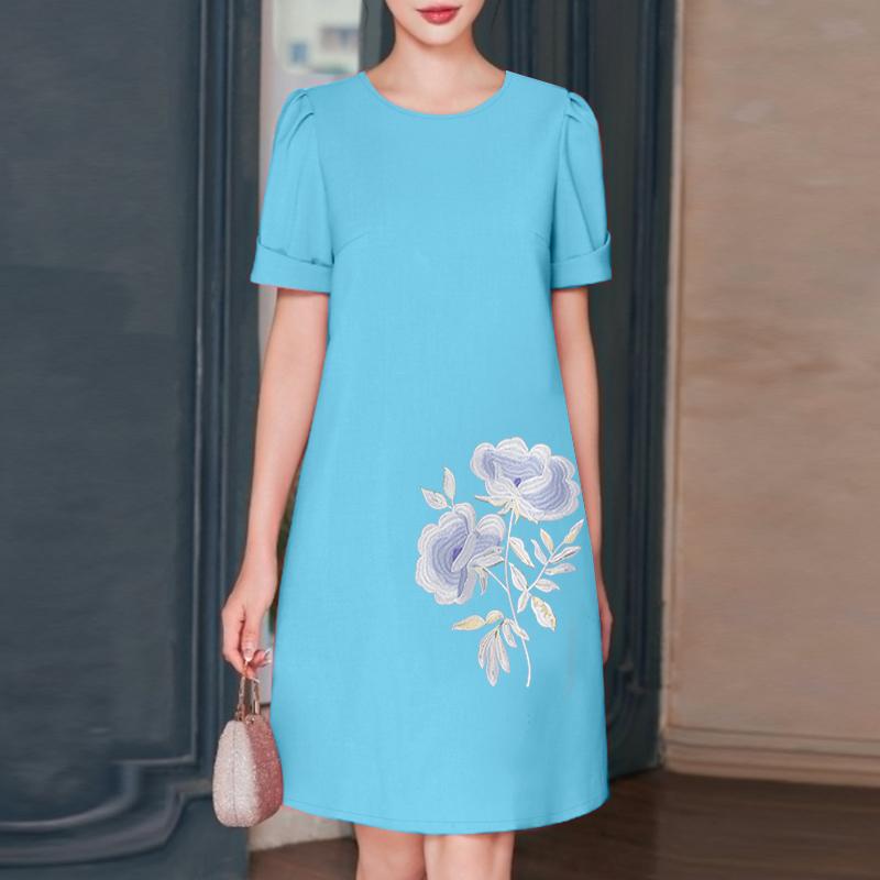 

ZANZEA Женское повседневное летнее платье с цветочной вышивкой и короткими рукавами синий