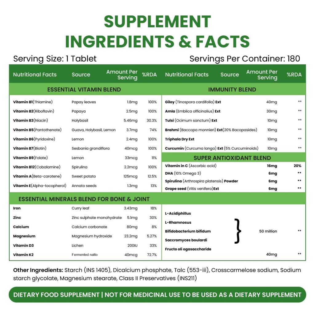 Vlado's Himalayan Organics Immunity Multivitamin Tablets With Probiotics For Men Women Daily Energy And Wellness Support 180 Count