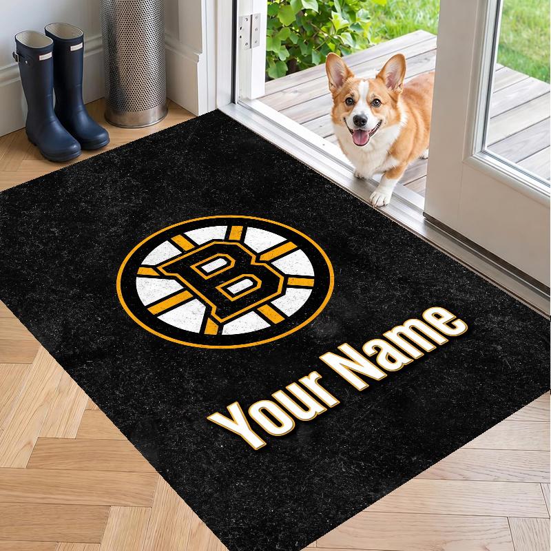 Custom Name Boston Bruins Crystal Velvet Floor Rug Personalized Text Soft Carpet Home Decor