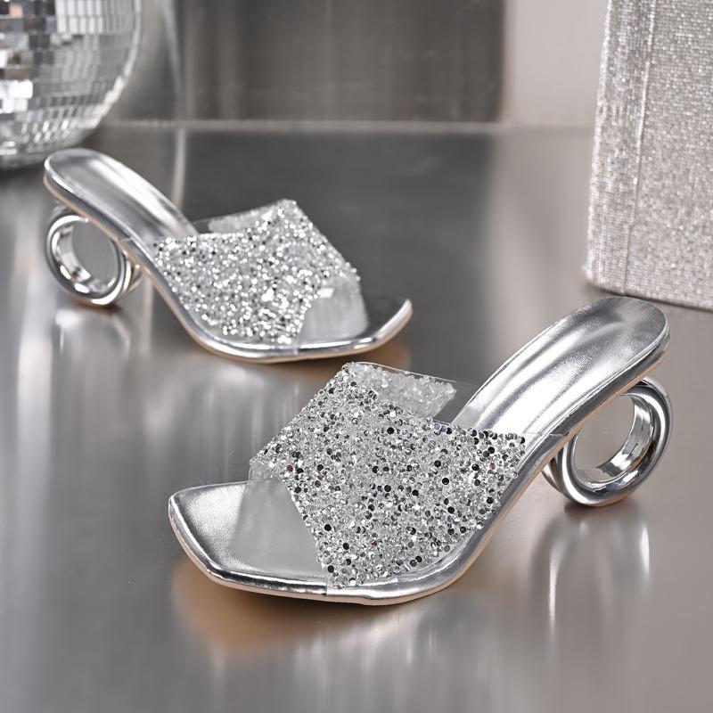 Fashion Plus Size Women's Shoes Square Toe Slip Rhinestone Slippers Cold Slip Special Heel Heels
