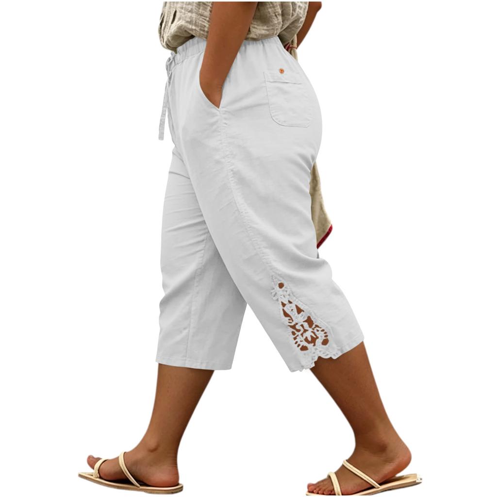 Women's Plus Size Pants Loose Fit Casual Cotton Linen with Embroidery Lace Trim