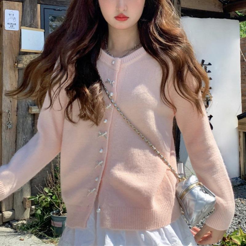 Korean Spring Autumn Sweet Style Youthful Red Bow Fashion Knit Cardigan Sweater