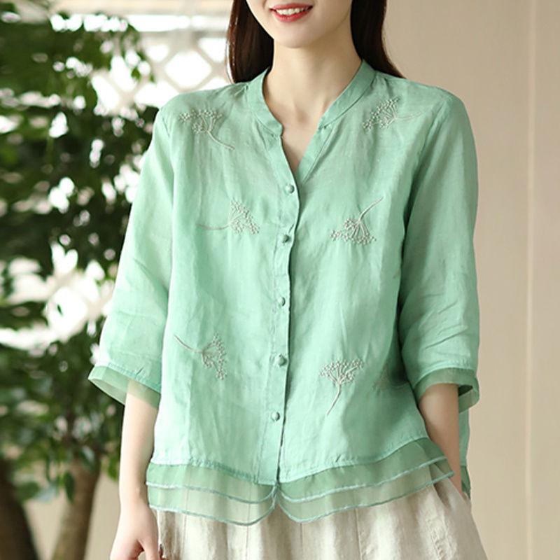 New retro cotton and linen shirt women's literary cardigan embroidered shirt temperament splicing design sense thin top