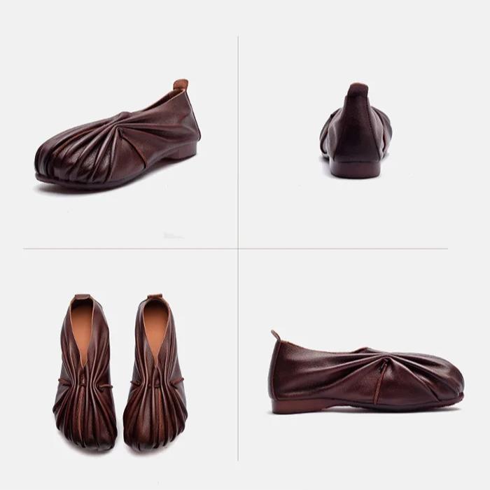 Johnature Retro Handmade Pleated Flats Genuine Leather Round Toe Soft Soled Lightweight Women's Slip-on Shoes