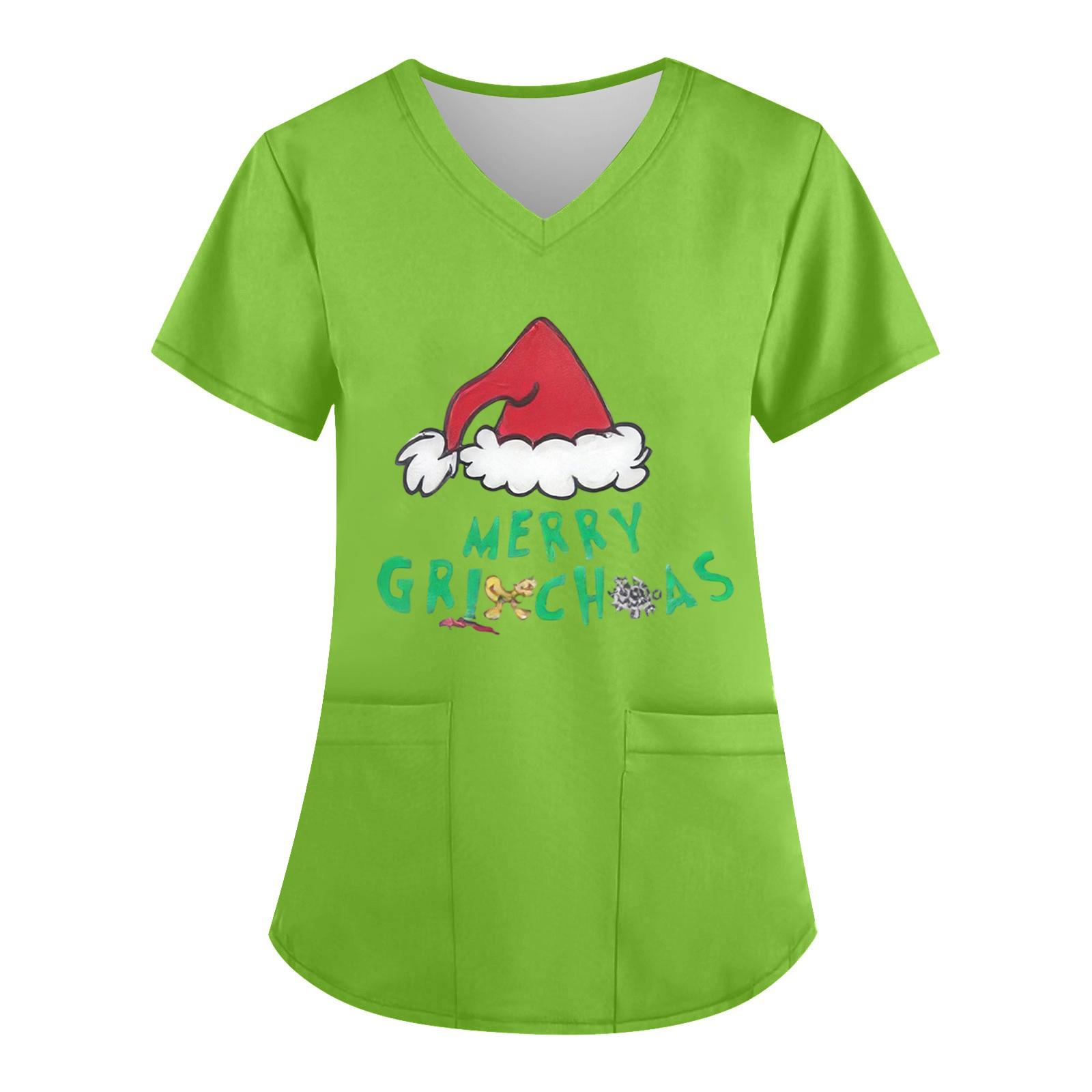 

Женский топ с V-образным вырезом, рождественским принтом, короткими рукавами, карманом и боковым разрезом L армия зеленый