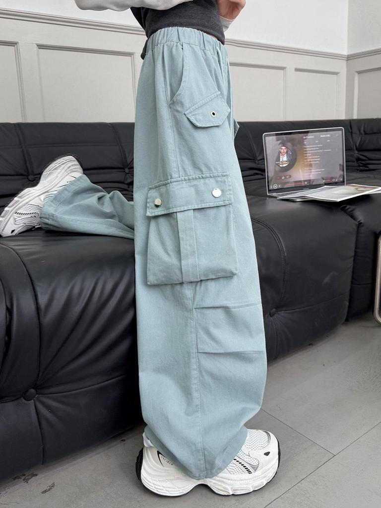 Girls' Wide-Leg Cotton Work Pants with Big Pockets - Autumn 2026 Style for Medium to Large Children, Casual Straight-Leg Long Pants