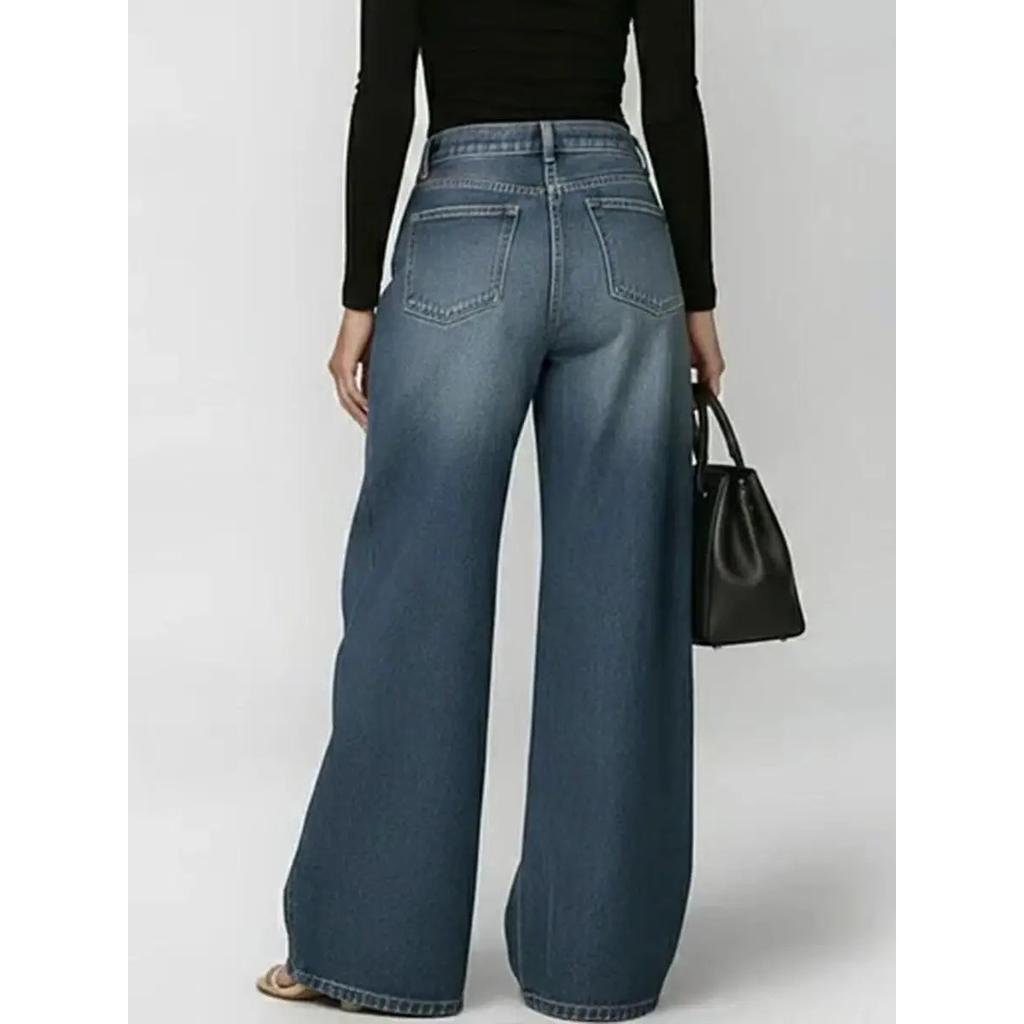 Newly Wide Leg Eyeslet Jeans Pants Sexy Women High Waist Elegant Streetwear Holes Denim Straight Trousers