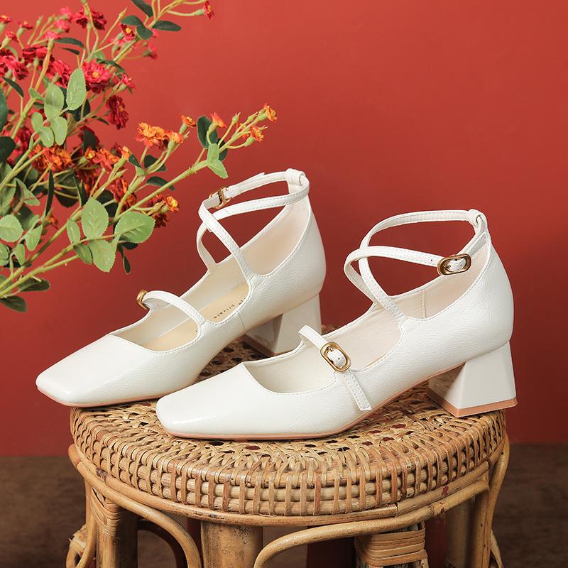 Soft Sheepskin Square Head Thick Heel Single Shoes Women's Medium Heel Retro Mary Jane Shoes Cross One-word Buckle Spring and Autumn