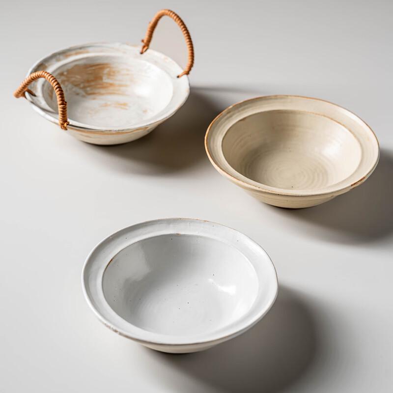Vintage Ceramic Double-Handled Salad Bowl with Hemp Rope Design