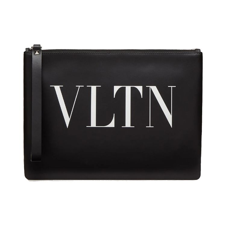Valentino VLTN Letter Print Studded Zip Closure Leather Clutch Men clutch Black WY2P0299LVN0NO