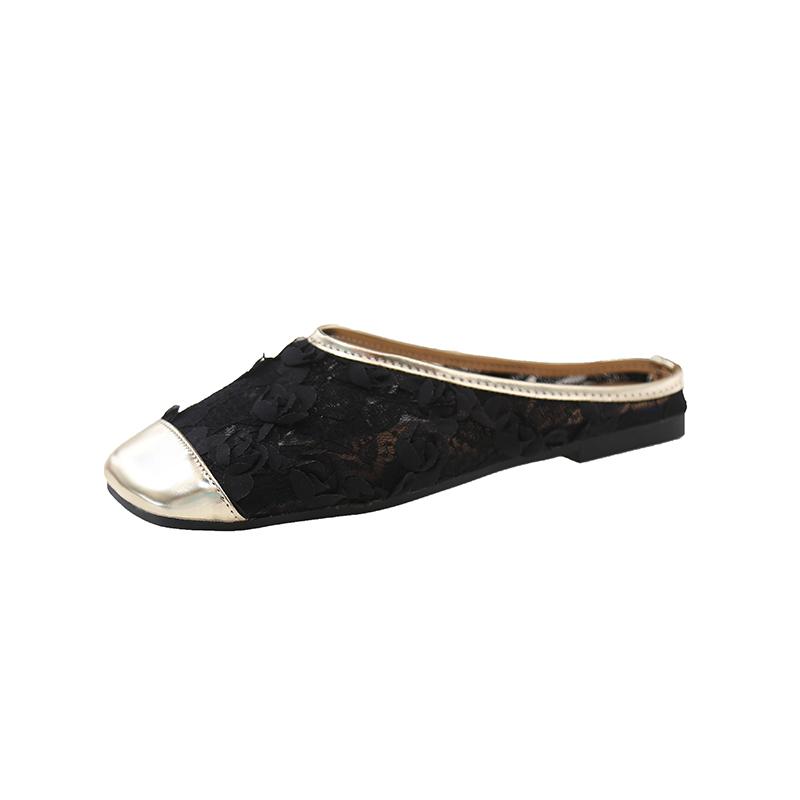 

Spliced Mesh Fabric Breathable Slippers Women s Fashion Square Head Shallow Mouth Soft Sole Non-slip Flat Shoes 42 чорний