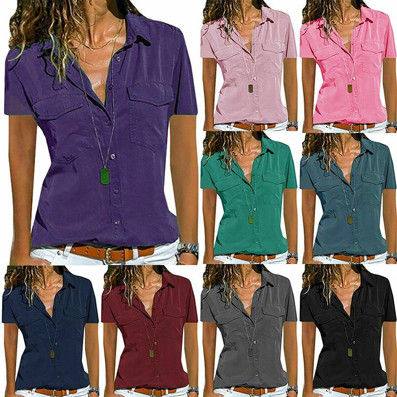 Women V Neck Short Sleeve Shirt Blouse Ladies Summer Tshirt Tops Tee Size Plus