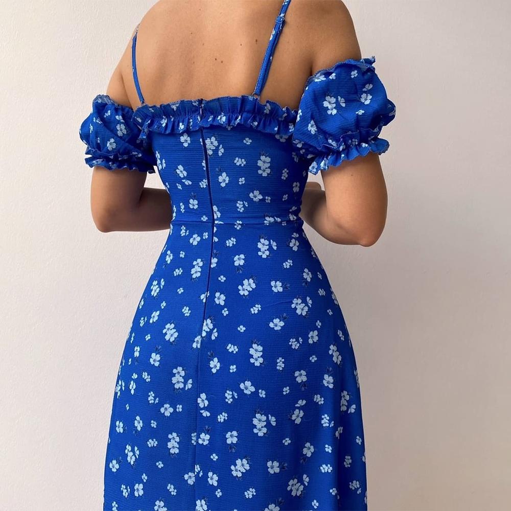 2023 Women’s Off Shoulder Frilly Suspender Split Mid-length Dress Party Summer Ladies Short Sleeve V-neck Dress Floarl A-Line
