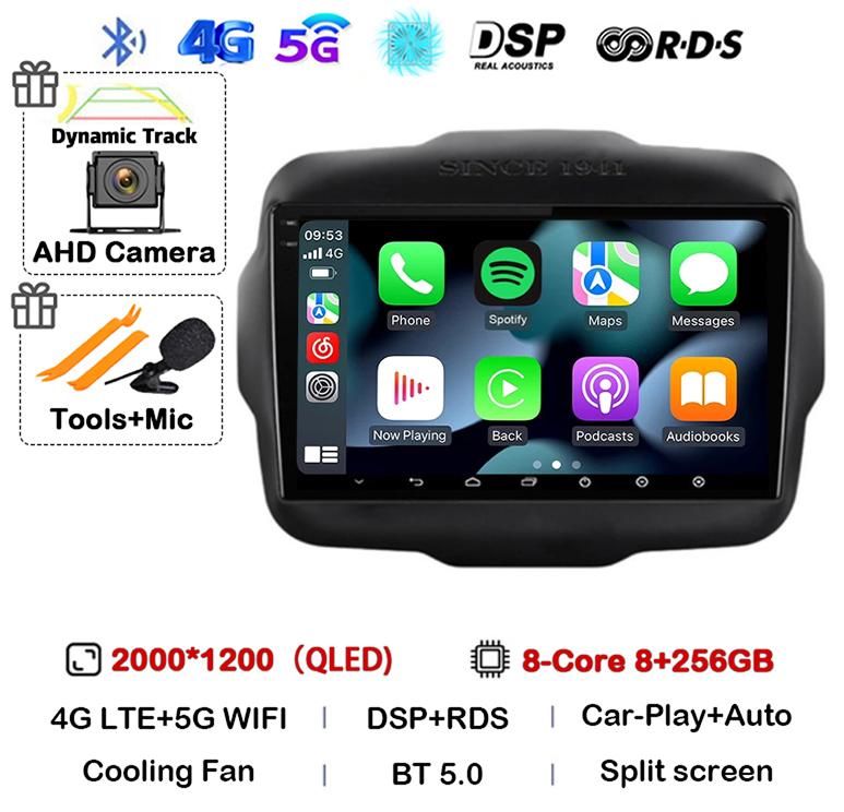 Android 14 Auto Carplay WIFI+4G LTE Car Radio For Jeep Renegade 2016 2017 2018 2019 2020 Multimedia Player GPS Stereo 360 Camera