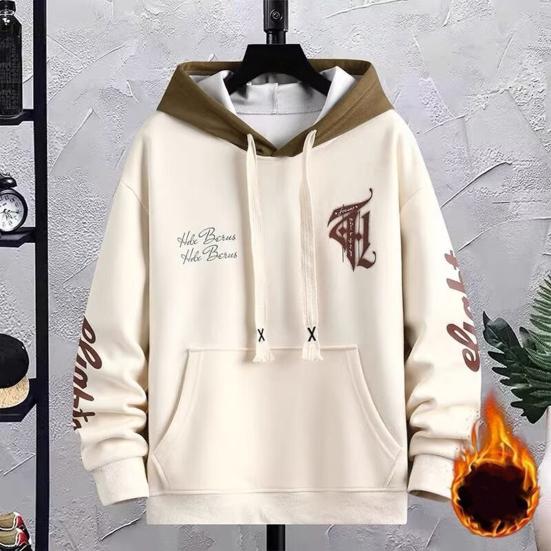 Winter Men Hoodie with Hood Drawstring Letter Printing Color-blocked Hip Hop Style Oversized Thickened Warmth Rentention Outerwear