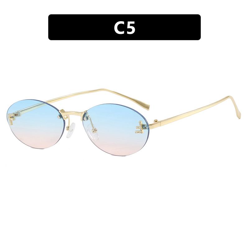 Letter F Frameless Trim Sunglasses Oval Retro Small FrameTrendy Holiday Travelling Sunglasses Women Fashion Metal Sunglasses