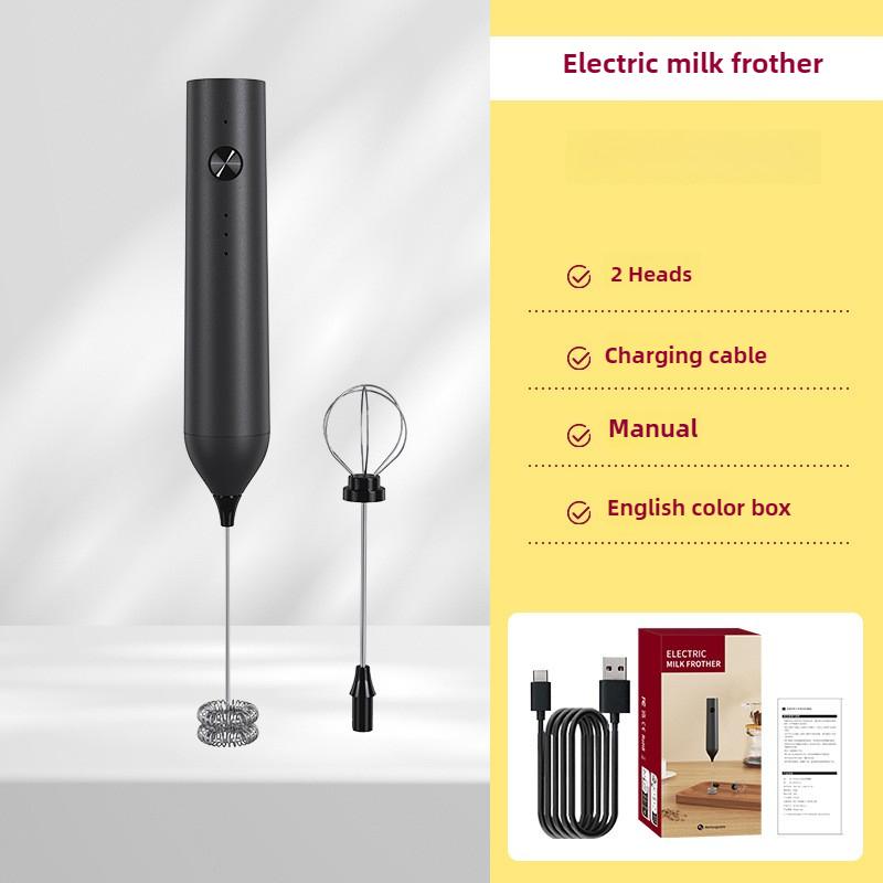 

2в1 Піноутворювач для молока USB Перезаряджуваний Електричний Вінчик для яєць Міксер для кави Дві головки Піноутворювачі для молока Мішалка для випічки Харчовий блендер чорний