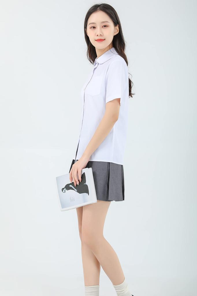 Cămașă Școlară Scurtă Rotundă cu Buzunar [Sharphon] Cămașă de Fete, Mânecă, Guler, Simplă, Bumbac, Top,