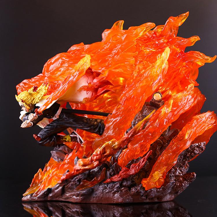 Flame Pillar Kyojuro Double Head Glowing Anime Figure Sculpture from Demon Slayer