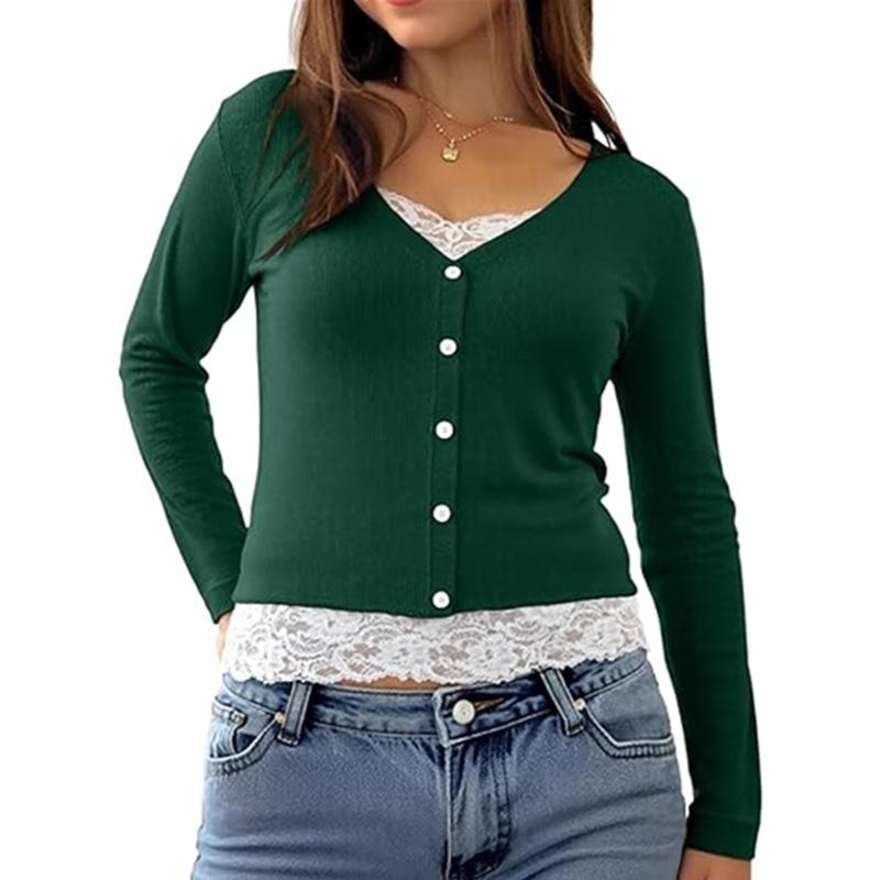 2025 Versatile V-neck Button Ribbed Lace Patchwork Long Sleeve Women's Top