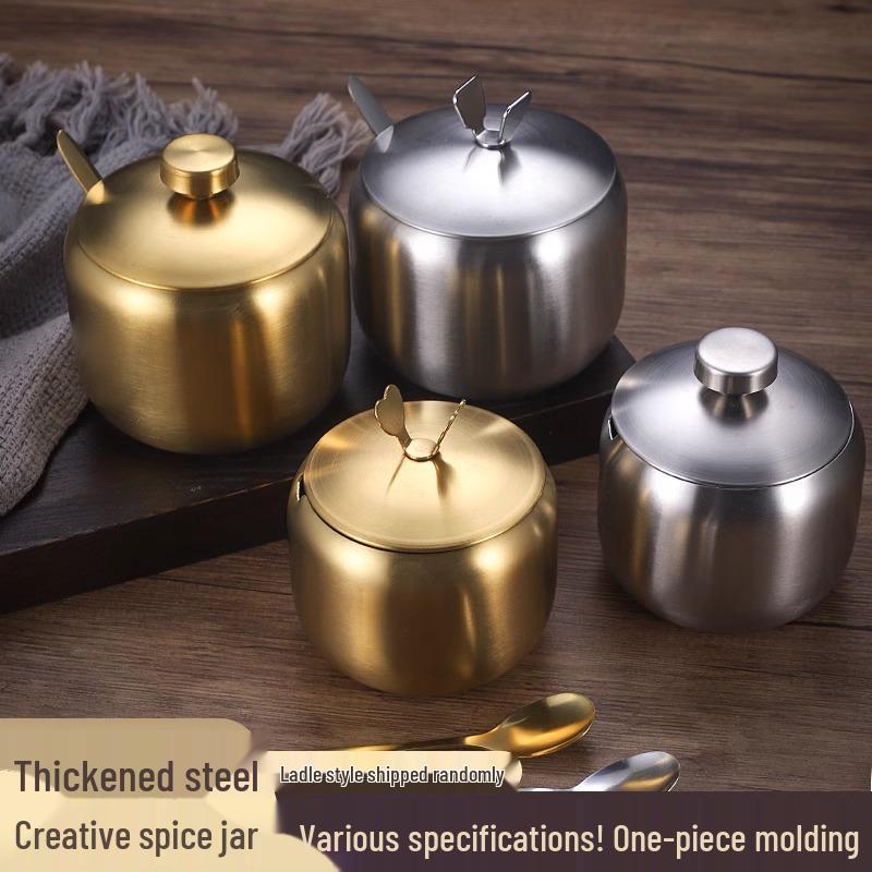Gold Korean Style 304 Stainless Steel Seasoning Jar with Spoon - Perfect for Chili Sauce, Soy Sauce, or Salt.