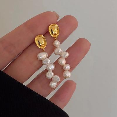 Baroque Special-shaped Freshwater Pearl Earrings Women's Fashion Temperament Elegant Long Petal Pearl Fringed Stud Earrings