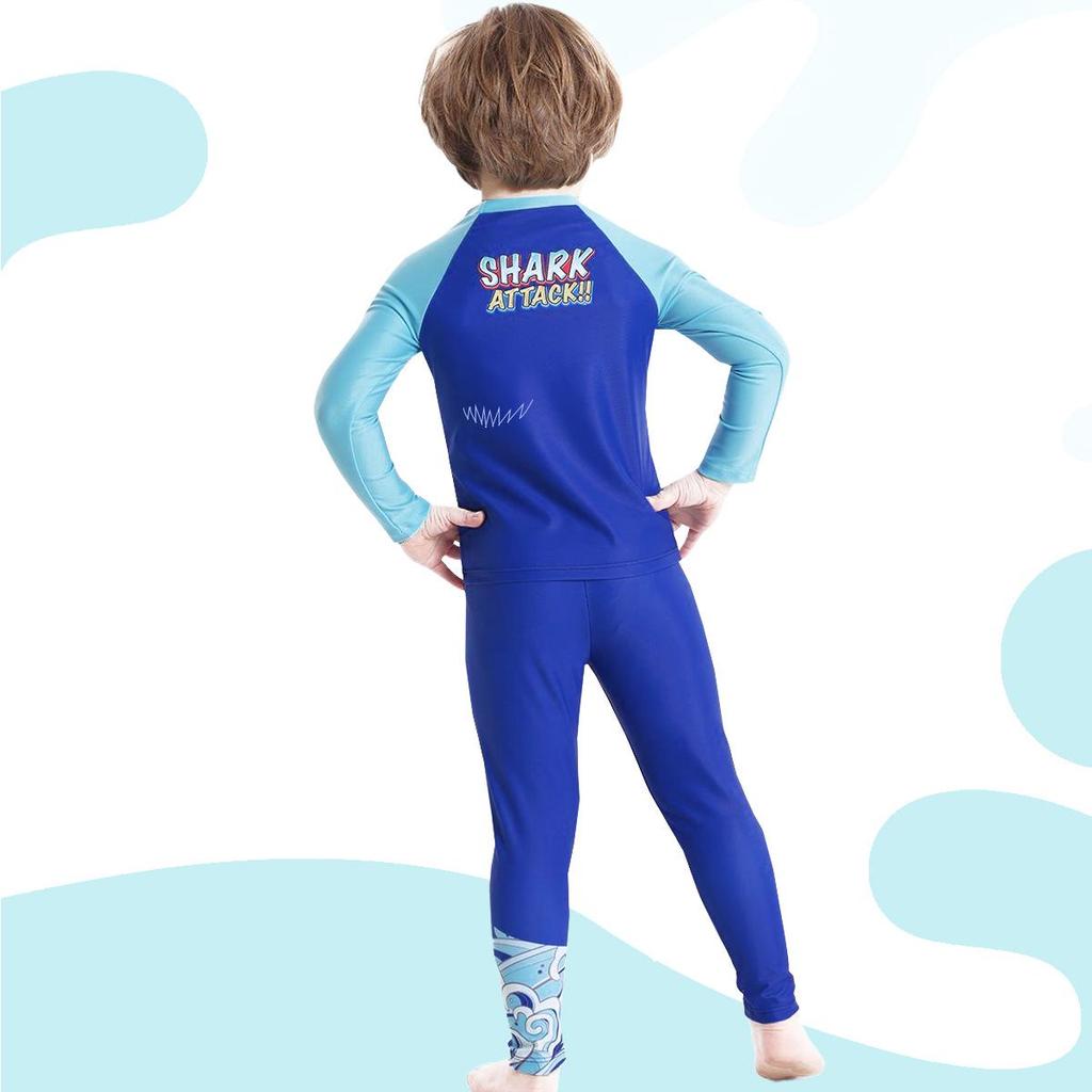 Traje de baño de dos piezas de manga larga con estampado de tiburones para niño - Estilo 2025