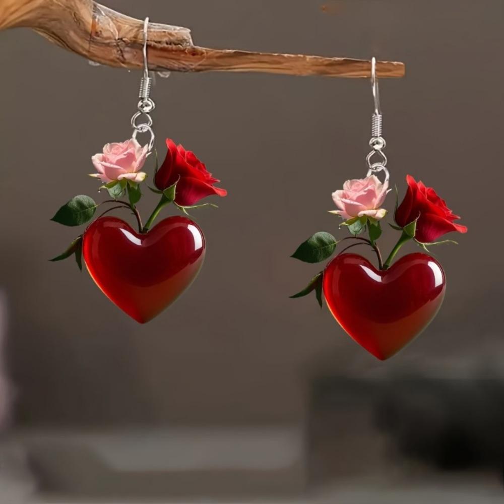New Sweet Romantic Simulation Pink Red Rose Flowers Heart-shaped Acrylic Dangle Earrings for Women Valentine's Day Jewelry Gifts