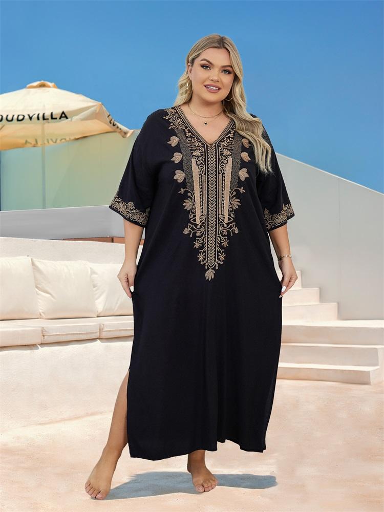 

EDOLYNSA Плюс Размер Вышитые Черные Женщины Кафтан Платья Отдых Пляжное Платье Купальник Прикрытие Одежда Для Дома Уютный Домашний Халат Q1676 One Size чёрный