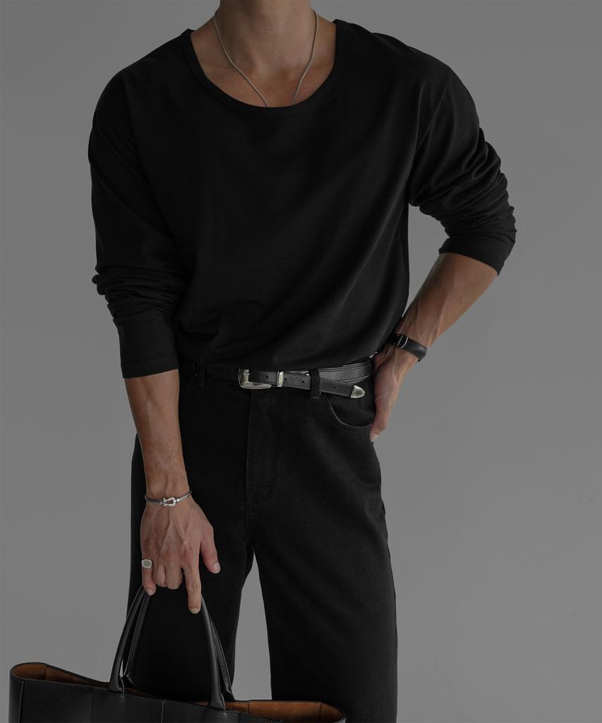 Baulopeulodeogteu Cotton U-Neck Long Sleeve T-Shirt [Black]