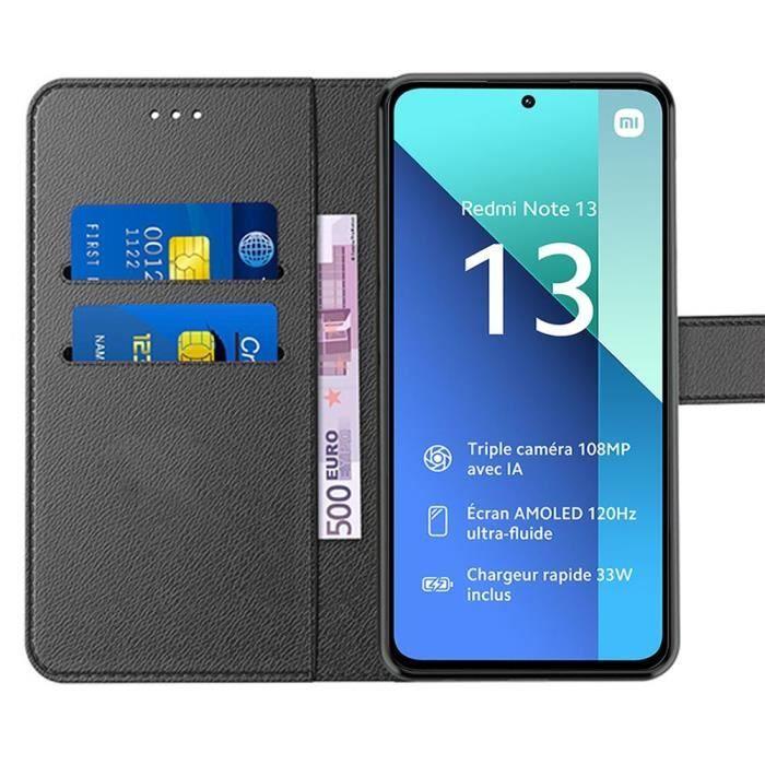 Hülle für Xiaomi Redmi Note 13 4G (nicht für 5G) + 2 gehärtete Gläser, Schwarz, Stoßfestes Lederimitat mit Kartenhalter und Standfunktion