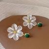 Sweet Romantic White Stereo Five Petals Flower Pendant Green Drip Glaze Square Dangle Earrings for Women Fashion Retro Jewelry