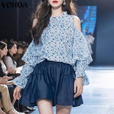 VONDA Dame Høst Rund Hals Off-Shoulder Trykt Langermet Bluse