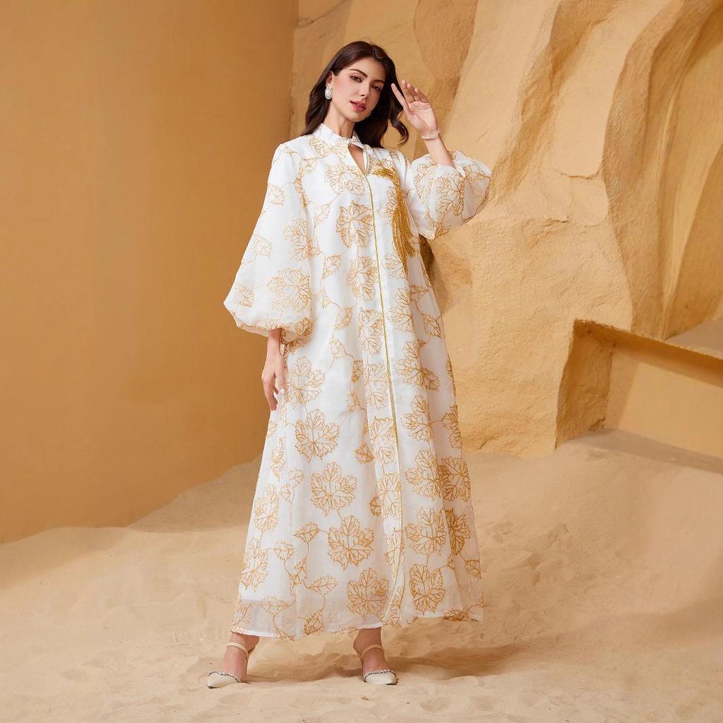 SW67 Ethnic Sequin Burnout Evening Dress with Puff Sleeves for Muslim Women - Jalabiy Style