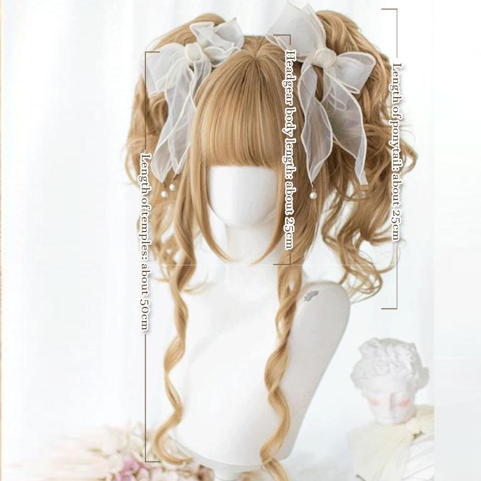 Linen Gold Double Ponytail Synthetic Wig Female Natural Elegant Linen Gold Long Curly Lolita Double Ponytail Full Head Wig