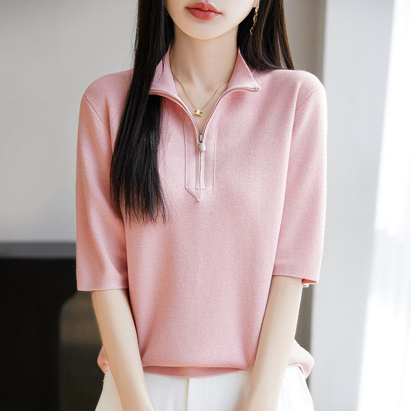 Spring/Summer 2025 Silk Wool Half Turtleneck Zip Sweater - Solid Color, Half Sleeve Top