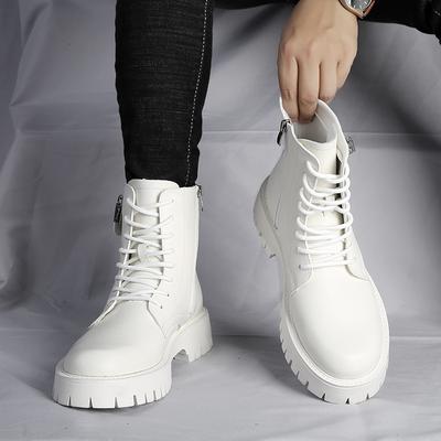 Fashion Classic White Men's Side Zipper High Top Leather Shoes Autumn New Comfortable Leather British Style Thick Soled Short Boots