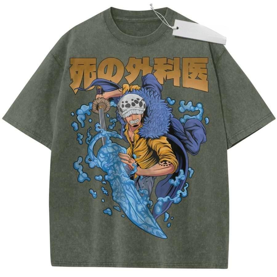 

Oversize Vintage Washed One Piece T Shirt Trafalgar Law Blue Sword Energy Anime Graffiti Streetwear Casual Daily Wear M