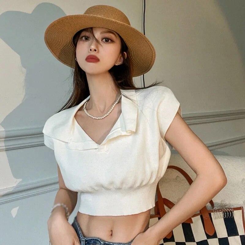 

Женский облегающий укороченный топ с воротником с лацканами, однотонная повседневная футболка с коротким рукавом для тренировок, топ для йоги, базовая рубашка One Size